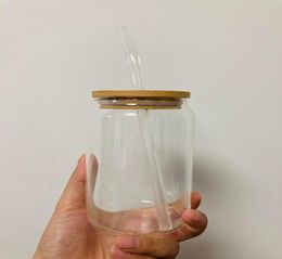 sublimation 16oz en verre de canne de verre Tobus de verre avec couvercle de bambou réutilisable de bière de paille
