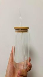 sublimation 16oz en verre de canne de verre Tobus de verre avec couvercle de bambou réutilisable de bière de paille