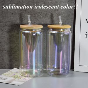 sublimation 16 oz verre peut gobelet en verre de couleur irisée verres clairs avec couvercle en bambou paille réutilisable couleur holographique jus de bière peut