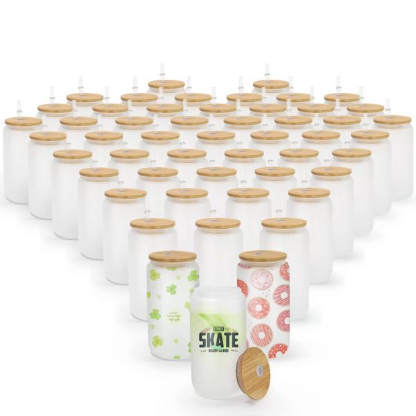 Canette en verre de sublimation 16 oz avec couvercle en bambou Canette de bière en paille réutilisable Gobelet en verre dépoli transparent Soda Can Cup tt0222