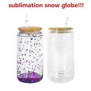 Sublimation 16oz Snow Globe Tumbler Gobelets en verre à double paroi avec couvercles en bambou pour vinyle UV DTF autocollant Summer Drinkware Mason Jar gobelets à boire