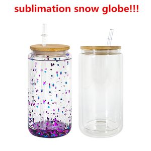 Sublimation 16oz Snow Globe Tumbler Gobelets en verre à double paroi avec couvercles en bambou pour vinyle UV DTF autocollant Summer Drinkware Mason Jar gobelets à boire