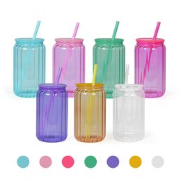 Sublimación Lata de vidrio de colores a rayas de 16 oz con tapas Botella con forma de vaso con tapa y paja Vaso de verano Mason Jar Juice Cup Z11