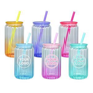 Boîte en verre coloré rayé par Sublimation de 16oz, avec couvercles, bouteille en forme de gobelet avec couvercle et paille, verres à boisson, pot Mason, tasse à jus Z11