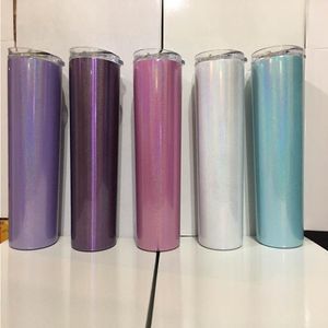 Sublimatie 20oz Glitter Skinny Tumbler Dubbele wand Sparkly Slim Tumbler met stro -deksel glinstatwater tumblers SQXSF