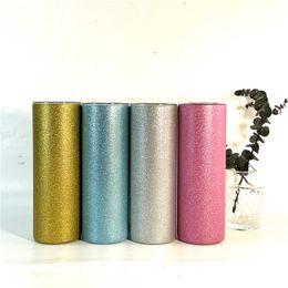 Sublimatie 20oz magere rechte kleurrijke glitter tumbler blauw zilver roze gele roestvrijstalen water flessen dubbele wand geïsoleerde kopjes drinkmelkmokken a12