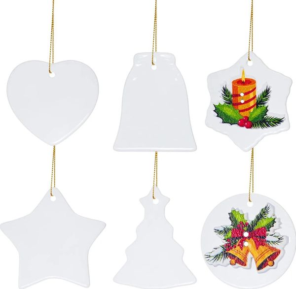 Sublimation 3 pouces en céramique pendentif rond ornements d'arbre de Noël décor de vacances avec corde blanc bricolage pour presse à chaud imprimer en gros