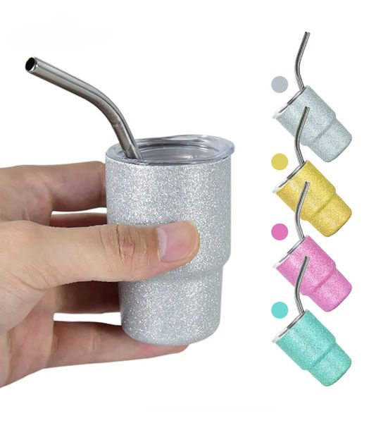 Gobelet à Sublimation à paillettes épaisses de 3oz, gobelet à vin en argent brillant de 90ML, petit verre à Shot avec couvercle et paille pour un bricolage rapide