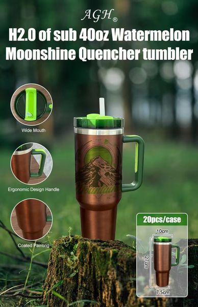 Sublimation 40 oz Watermelon Moonshine Quencher Tumbler avec poignée Bouteille d'eau Portable Sports de plein air Tasse Bière Mug Isolation Voyage Fiole à vide Bouteilles Z11