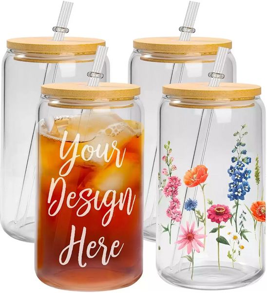 Sublimation bière Can verre avec couvercles en bambou et paille 16 oz en verre glacé tasses à café tasses tumbler pour cocktail de soda à jus ss1203