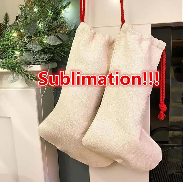 Sublimation Blanc anta Sack Bgas Décoration De Noël Impression Lin Bas Chaussettes Cordon Cadeau Enfants Personnalisé DIY FY5024 En Gros