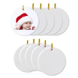 Sublimatie leeg keramisch ornament Wit porselein rond ornament met sleutelkoord voor doe-het-zelf kerstboomhuisdecoraties