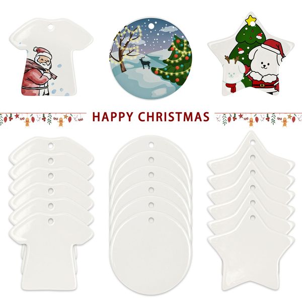 Sublimation Blanc Céramique T-shirt Blanc En Forme D'ornement Ornements Suspendus Décoration D'arbre De Noël pour Vacances DIY Artisanat Fête Stock