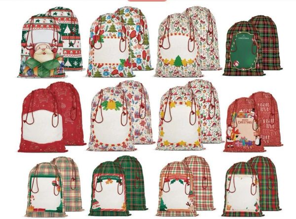 Sacs cadeaux de Noël vierges de sublimation décorés sac à cordon réutilisable grand sac de Père Noël en toile avec sac de toile de jute à cordons pour Noël 46x64cm 18 styles Jy17