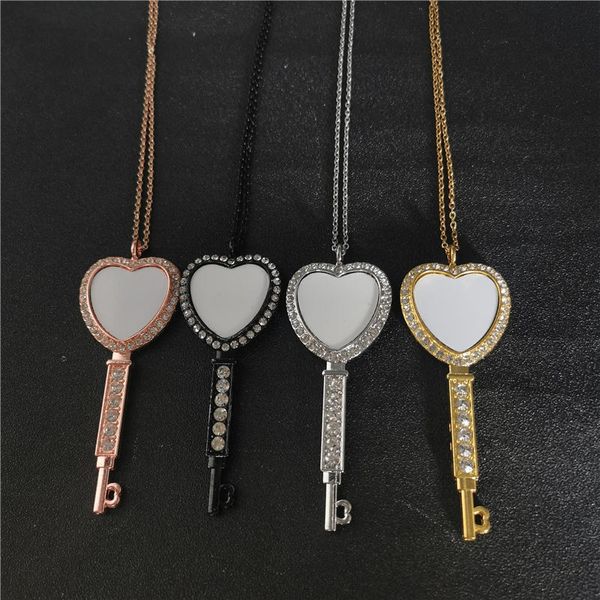 sublimation coeur blanc clé colliers pendentifs avec chaîne en acier inoxydable transfert à chaud impression consommable prix usine en gros