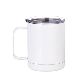 Tasses vierges de sublimation tasse à café en acier inoxydable double paroi 12 oz tasse blanche avec poignée et couvercle pour machine de presse à impression thermique