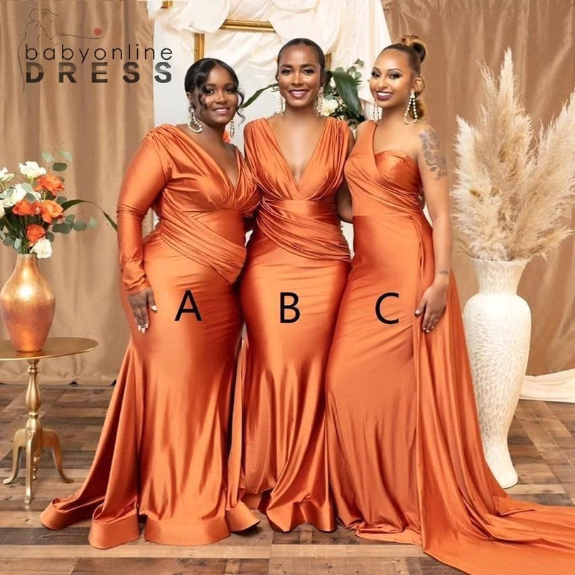 African Orange Red V Neck Plus Size Mermaid Bridesmeisje Jurken Nigeria Girls Ruches Satijnen bruiloft Guestjurk Sexy Long Maid -jurken BC11919