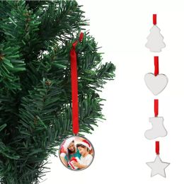 Sublimación Colgante en blanco Adornos navideños Transferencia de calor Adorno colgante de árbol de Navidad con cuerda colgante roja para regalos de vacaciones