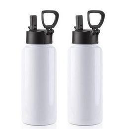 Sublimation Tobilisation vierge 32 oz Blanc White Vacuum Flask Sports en acier inoxydable Bouteille d'eau bouche avec paille et poignée portable 918