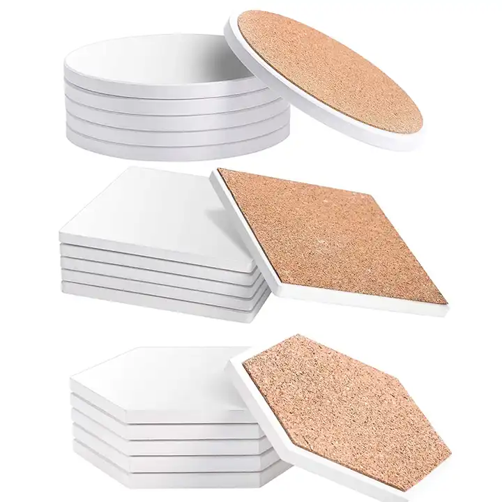 Coaster de cerâmica absorvente em branco de sublimação com almofadas de cortiça Tapete de transferência térmica DIY Image Cup Coasters para casa decorar bebida suor