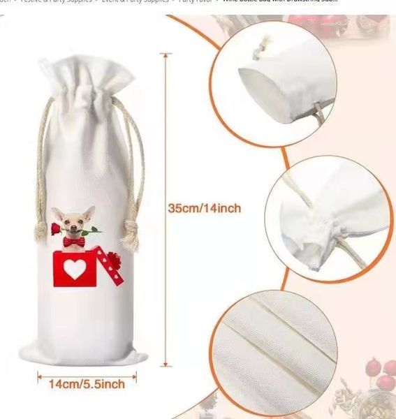 Emballage cadeau de vin blanc de sublimation sacs de bouteille de vin avec cordon polyester transfert de chaleur sac de bricolage pour Noël en gros Fedex