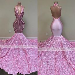 Pink Long Prom Dresses Mermaid 2023 Black Girls Sequin Sexy Backless Halter 3D Flores Mujeres africanas Vestidos de fiesta de noche formales BC15100 GJ0315