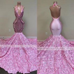 Pink Long Prom Dresses Mermaid 2023 Black Girls Sequin Sexy Backless Halter 3D Flores Mujeres africanas Vestidos de fiesta de noche formales BC15100 GJ0315