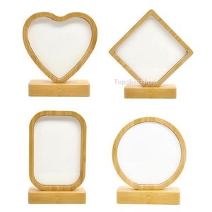 Sublimación Espacios en blanco Marcos de fotos de bambú Impresión de doble cara Corazón / Amor / Forma redonda con magnetismo Soporte de base de inserción de MDF para decoración del hogar Marcos de madera de mesa