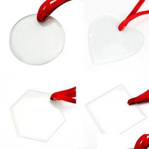 Blancs de sublimation Ornement blanc Verre clair 3 pouces Coeur rond Étoile Arbre Décors transparents avec ficelle pour Noël T Dhkqw