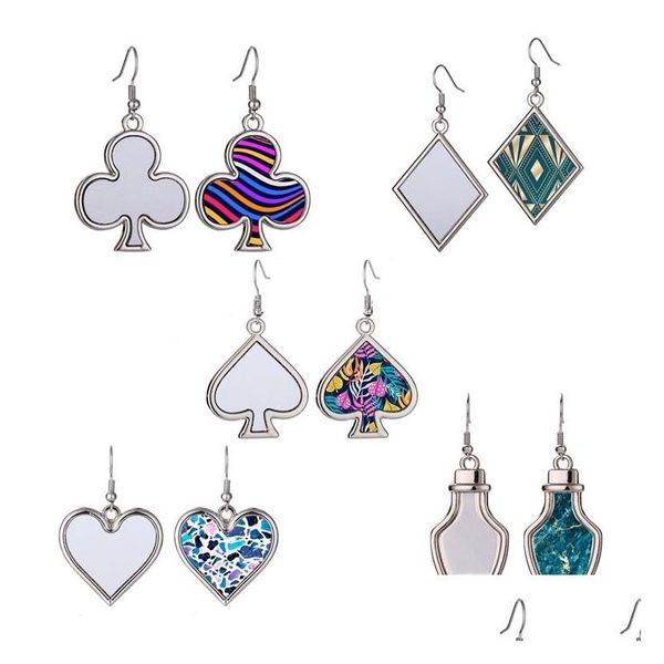 Sublimación Espacios en blanco Pendiente Alambre Gancho Bisel Bandeja Conjunto Para Mujer Chica Poker Joyería Pendientes de metal en blanco Corazones Dhvbv