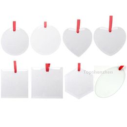 Sublimatie blanco platen glas kerst hanger 3inch/3,5 inch single side heat transfer ornamenten festival decore met rood lint voor doe -het -zelf knutselen gepersonaliseerd huis