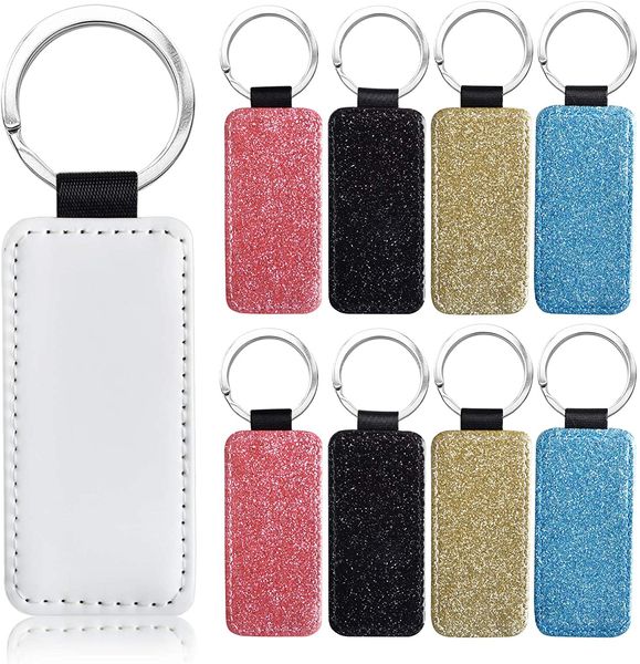 Sublimation Blanks Keychain Glitter Keychains PU Leather Keychain Heat Transfer Keyring Round Heart Rectangle Square can custom