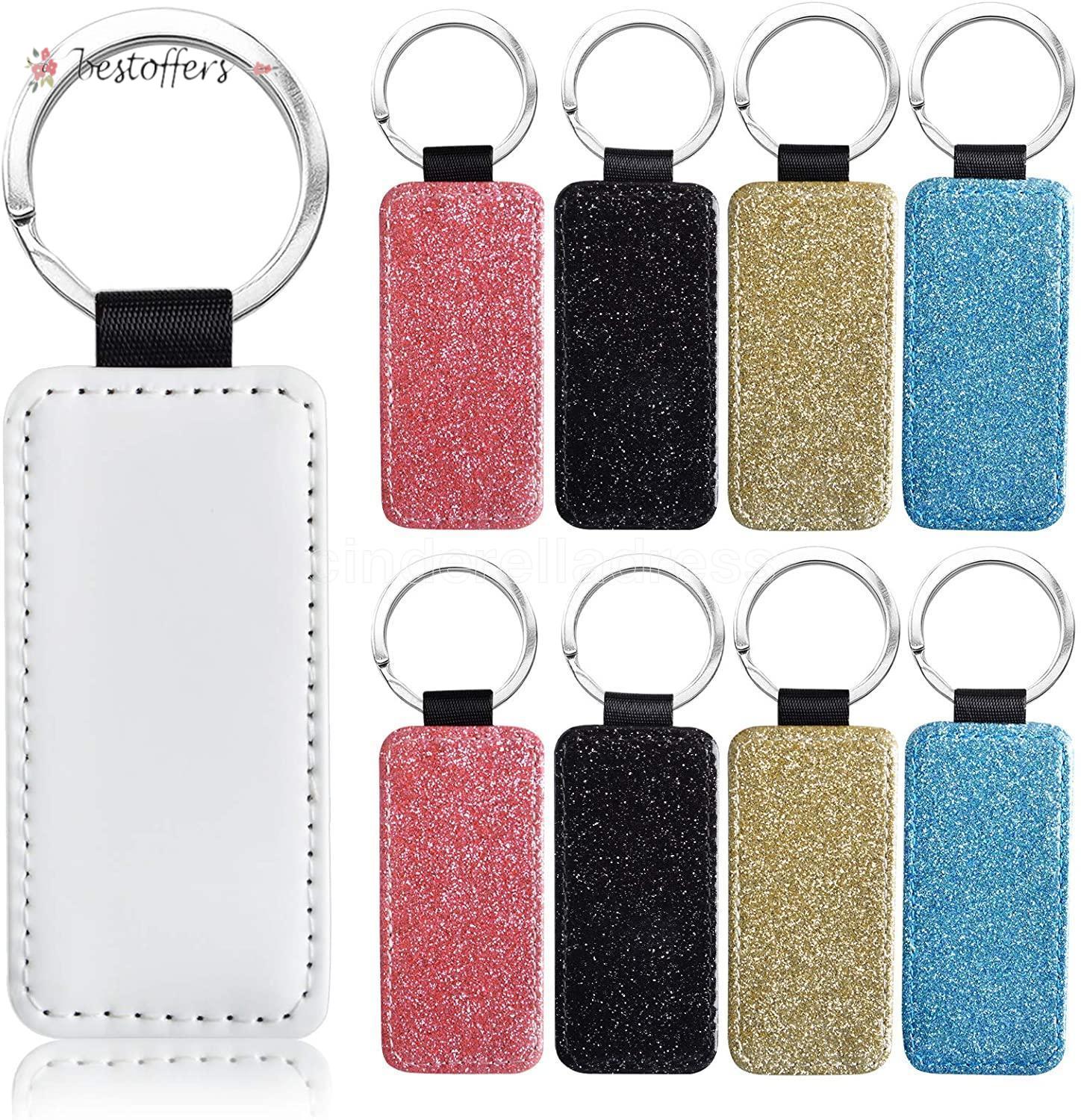 Sublimation Blanks Porte-clés Glitter Porte-clés PU Cuir Porte-clés Transfert de chaleur Porte-clés Rond Coeur Rectangle Carré peut être personnalisé BJ04