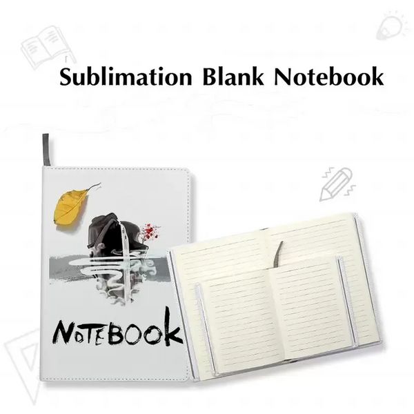 Bloc-notes vierges par sublimation A4 A5 A6 Carnets de notes blancs recouverts de cuir PU Cahiers d'impression par transfert thermique avec papiers intérieurs Rubans adhésifs Logos DIY PRO232