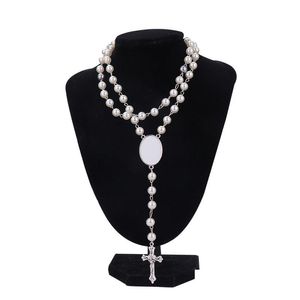 Blancs de sublimation en gros collier ras du cou en couches perle croix femmes pendentif long chapelet chaîne de perles Jésus catholique Crucifix blanc Dhaix