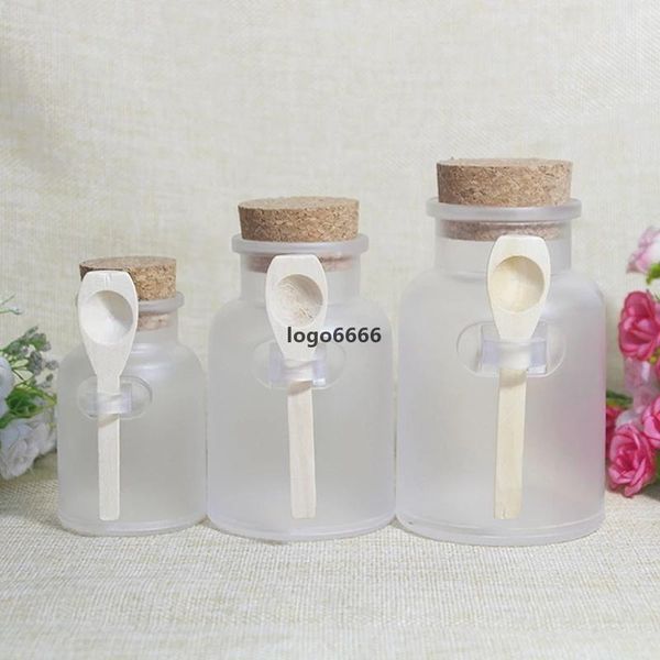 Botellas de sublimación 100g 200g 300g Frascos de sal de baño de plástico mate ABS Contenedores de botellas redondas con tapones de corcho Cuchara Jarss Máscara Crema Frost