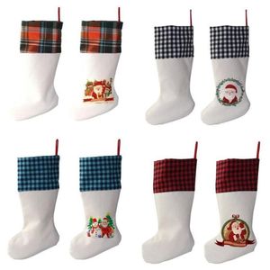 Sublimación Buffalo Plaid calcetín de Navidad 4 colores en blanco calcetines de caramelo de Halloween bolsa de regalo de Santa árbol de Navidad Oranment