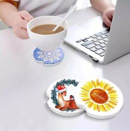 Sublimation Céramique Voiture Dessous De Verre Tasses Tapis Pad Pare-chocs Thermiques Blanc Blanc Transfert De Chaleur Absorber L'eau Tasse Dessous De Verre Finger Notch Support De Retrait Facile