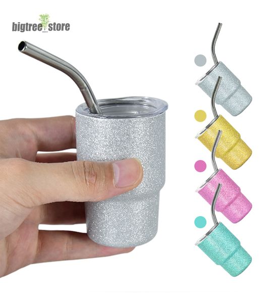 Sublimación Chuncky 3 oz Glitter Cup 90ml Velero Sier Sier Vaso pequeño Vaso de chupito con tapa y paja para bricolaje rápido