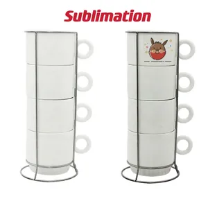 Sublimatie Koffiemokken Set van 4 stuks 8oz Blank Stapelbare Koffiemokken met Metalen Rek Porseleinen Stapelbare Cappuccinokopjes voor Koffie