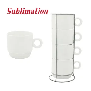 Sublimatie Koffiemokken Set van 4 stuks 8oz Blank Stapelbare Koffiemokken met Metalen Rek Porseleinen Stapelbare Cappuccinokopjes voor Koffie