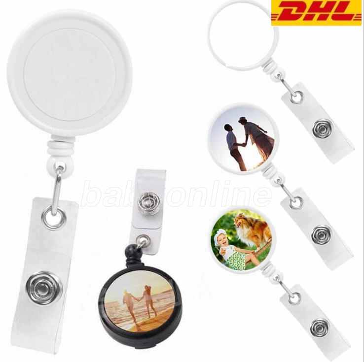 Sublimering DIY ID Holder Name Tag Card Key Badge Reels Rund Solid Plastic Clip-On Dractable Pull Reel