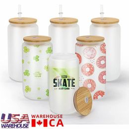 USA /CA Lokaal Magazijn 16oz Sublimatie Glas Bier Mokken Frosted Clear Blikvormige Tumbler Cups met Bamboe Deksel Plastic Stro Koffie Frisdrank Glazen Feestartikelen 0614