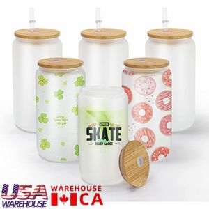 USA/CA Local Warehouse 16 oz Sublimation verre bière chopes givré clair peut en forme de gobelet tasses avec couvercle en bambou en plastique paille café Soda verres fournitures de fête 0614