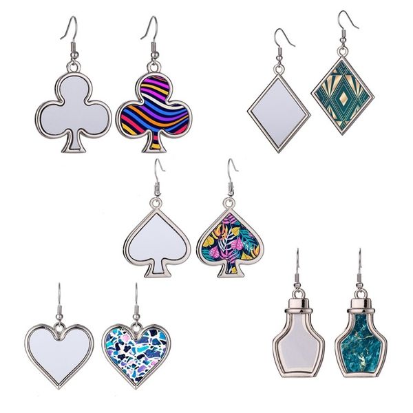 Juego de bandejas con bisel de gancho de alambre en blanco para pendientes de sublimación para mujeres y niñas, joyería de póker, pendientes de Metal en blanco, corazones, picas, ciruela cuadrada