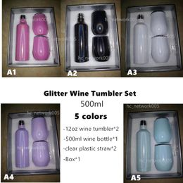 Sublimatie Glitter Wijn Tumbler Set 500ml roestvrij staal 17oz-wijnflessen met twee 12oz wijn Tumblers Beste geschenkset
