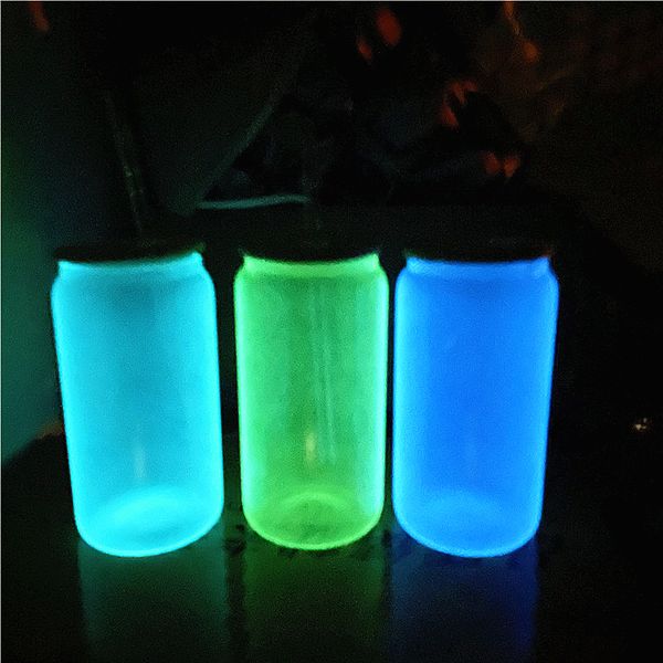 Sublimación Glow Glass con tapa de madera 16 oz White Glows Green Blue Wine Tumblers DIY Transferencia de calor Tazas de cerveza 3 colores Sublimación Taza para beber A12