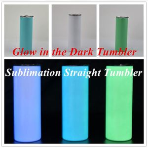 Sublimatie Glow in The Dark Tumbler DIY 20oz Straight Tumblera Rvs Lichtgevende Verf Skinny Cup met Seal Deksel Halloween Gift