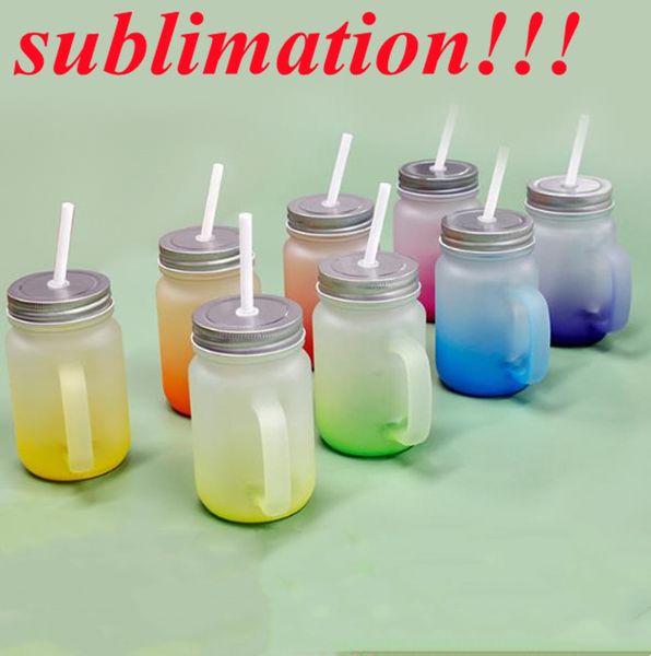 sublimation Gradient glass mason jar blank DIY Mason canettes verres à jus gobelet à eau en verre avec poignée Couvercles hermétiques en métal argenté Gobelet à boire 430 ml