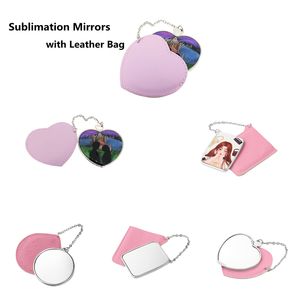 Miroirs à sublimation avec sac en cuir, miroir cosmétique rond portable, feuille d'aluminium vierge, petit cadeau pour fille, fourniture d'affaires de mariage, bricolage personnalisé, cœur saint-valentin